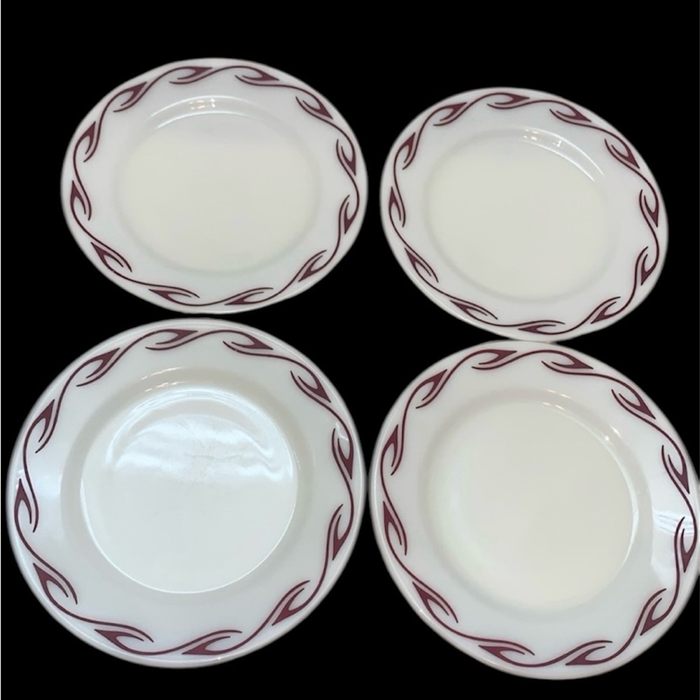 Set of 4 Corning Pyrex Ruby Scroll Maroon Hook made in USA vintage dinner plates